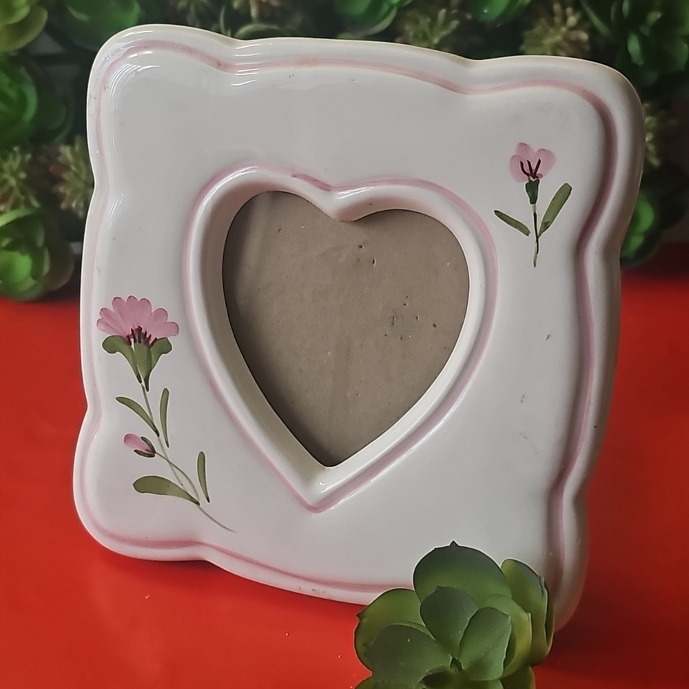 Vintage Romantic square Picture Frame, Hand-painted Pink Flowers Heart Center